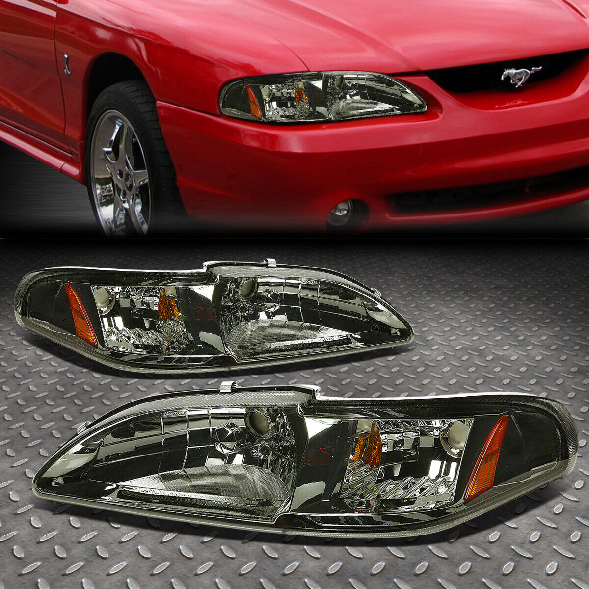FOR 94-98 FORD MUSTANG SN95 SMOKED HOUSING AMBER CORNER HEADLIGHT HEAD LAMPS