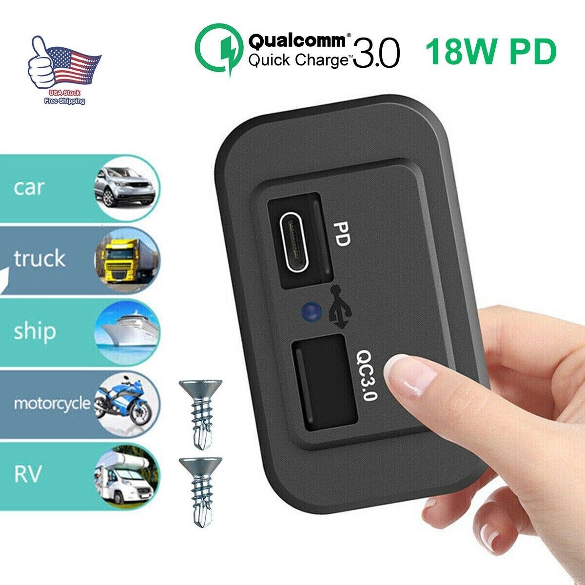 PD Type-C USB Port Car Fast Charger Socket Power Outlet Panel Mount Waterproof
