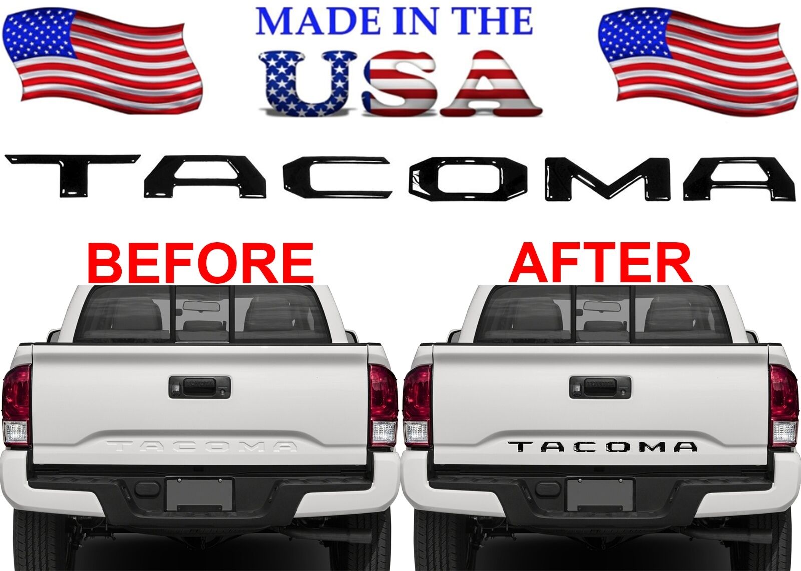 Gloss Black ABS Plastic Tailgate Letter Inserts For 2016-2023 Toyota Tacoma New