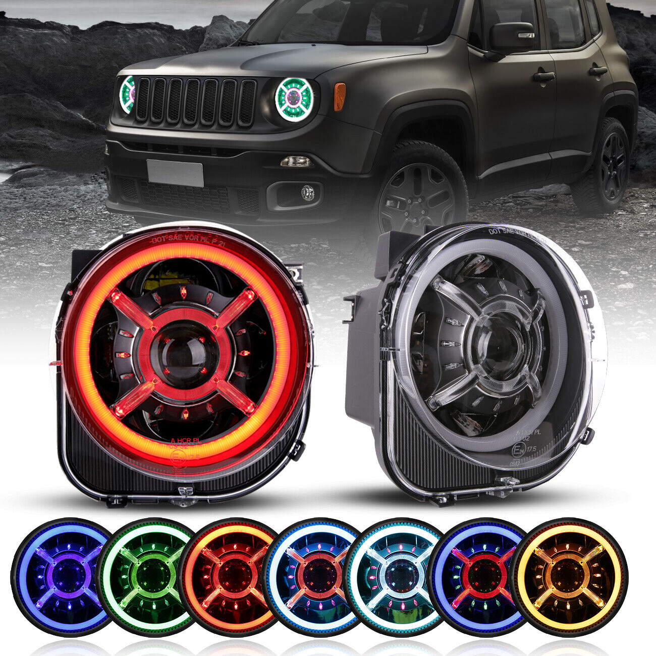2X 9\'\' Inch LED headlights RGB Color DRL Angel Eyes For 2015-2021 Jeep Renegade