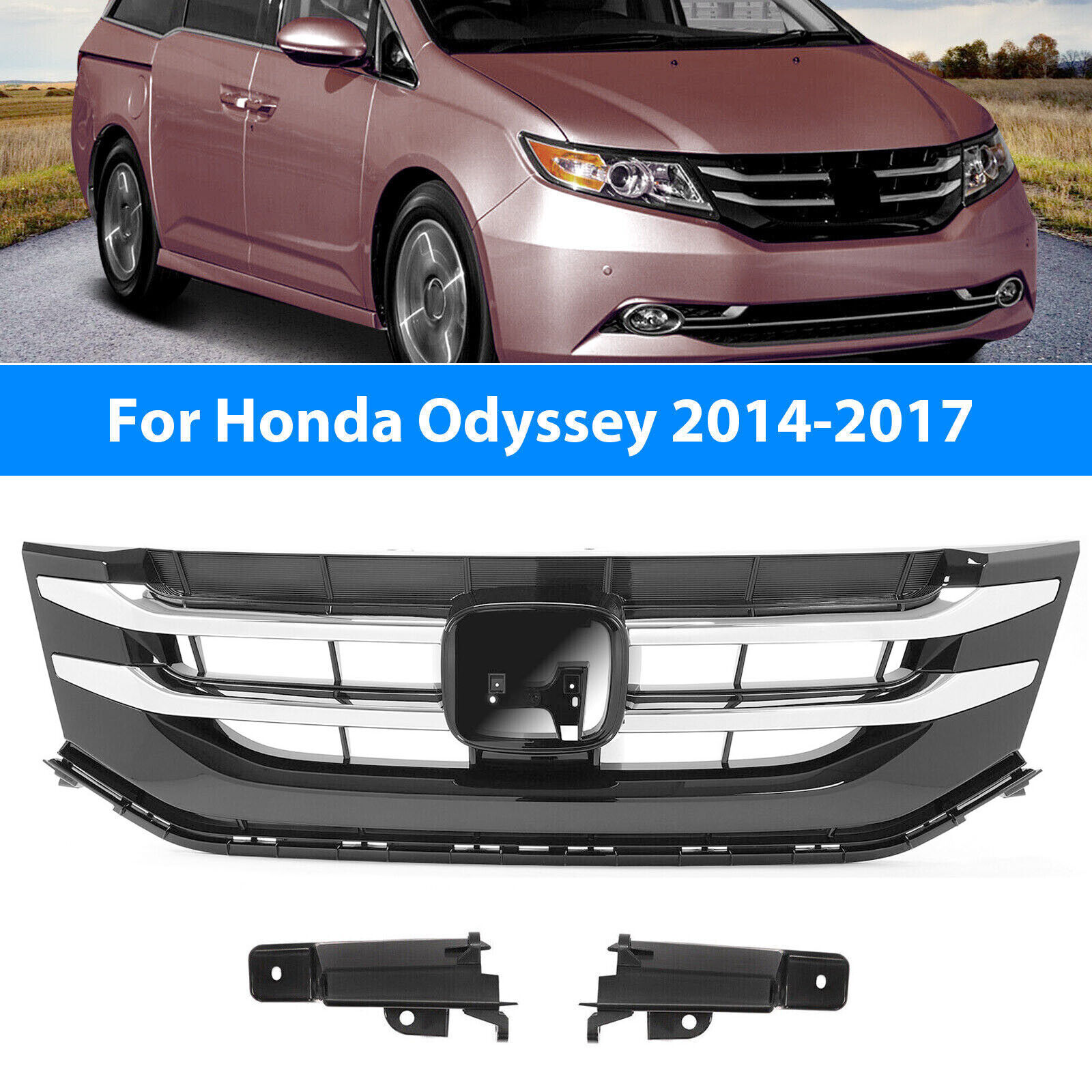 For 2014-2017 Honda Odyssey HO1200220 Front Upper Grille Chrome Trim Black Grill