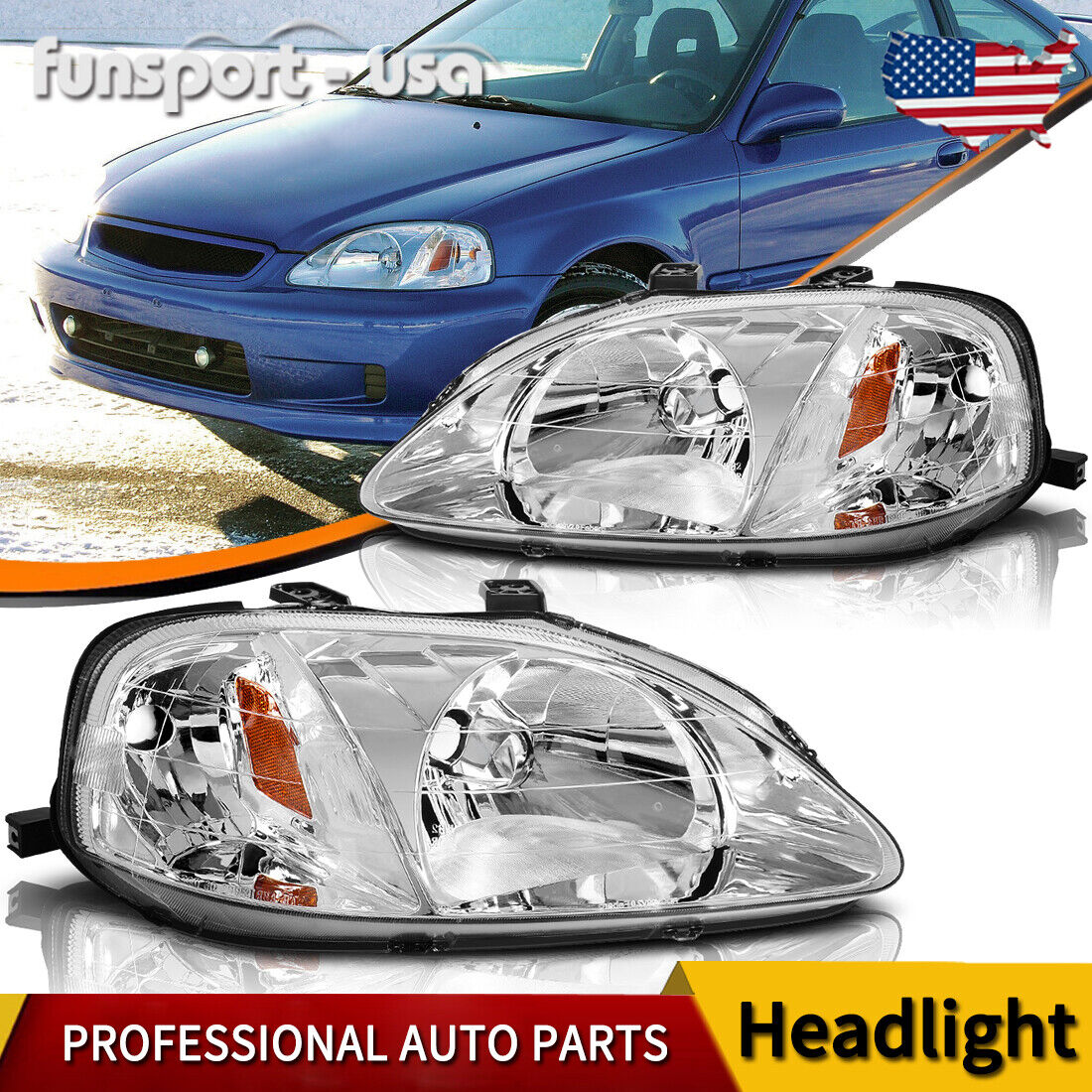 Chrome Amber Headlights Fits For 1999-2000 Honda Civic EK EJ LX EX SI Lamp 99-20