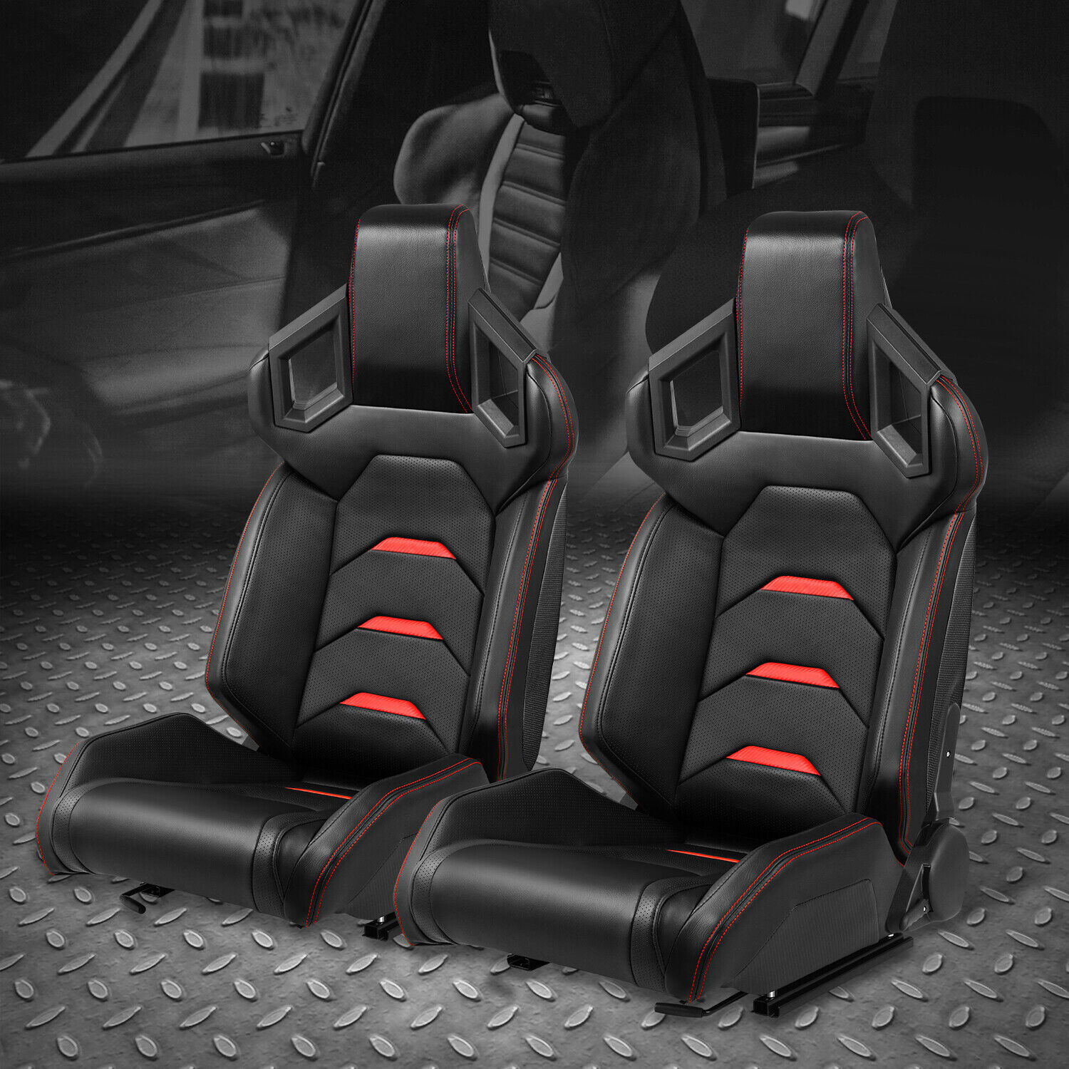 Pair of Universal Black Vinyl Red Stitching Reclinable Racing Seats w/ Sliders