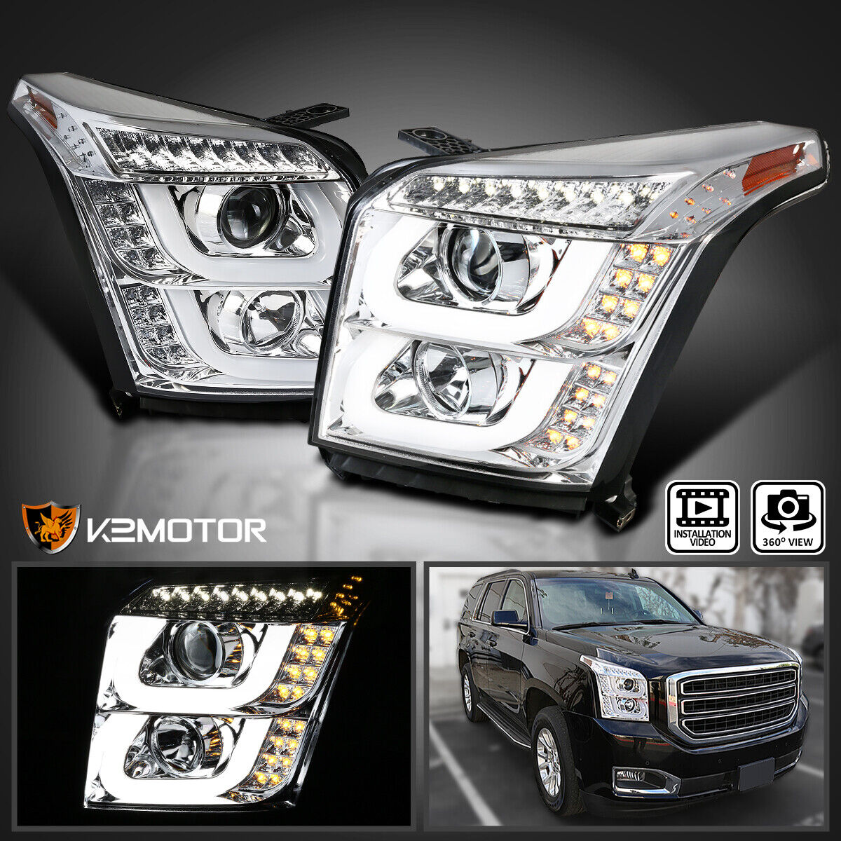 Fits 2015-2018 GMC Yukon XL LED Bar Projector Headlights Signal Lamps L+R 15-18