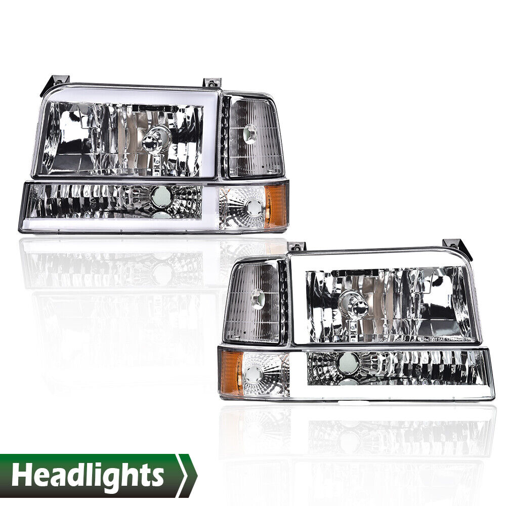 Clear Chrome LED DRL Headlights Bumper Lamps Fit For 92-96 Ford F-150 Bronco 