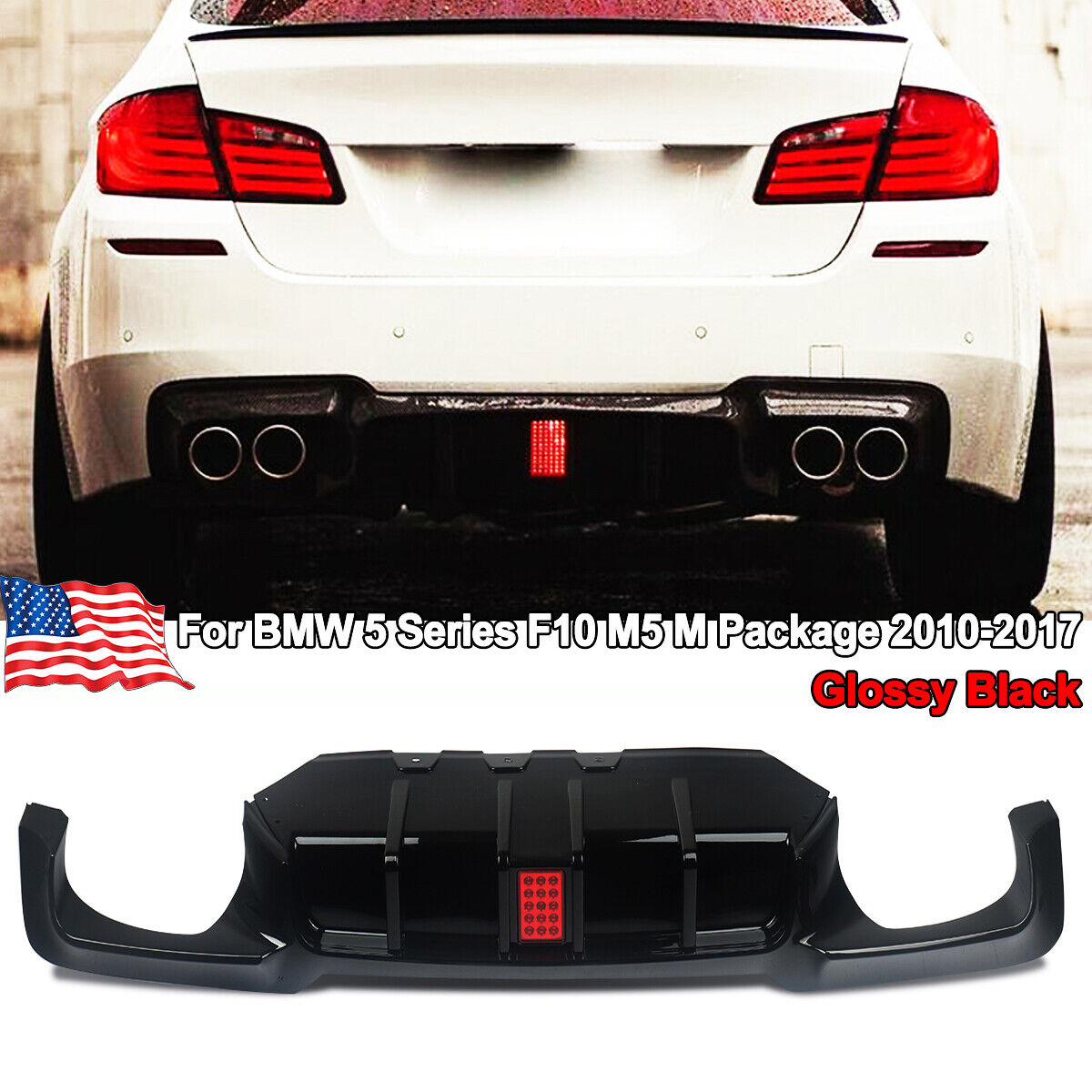 Glossy Black Rear Diffuser w/Red LED Light For BMW F10 540i M5 M Sport 2006-2017