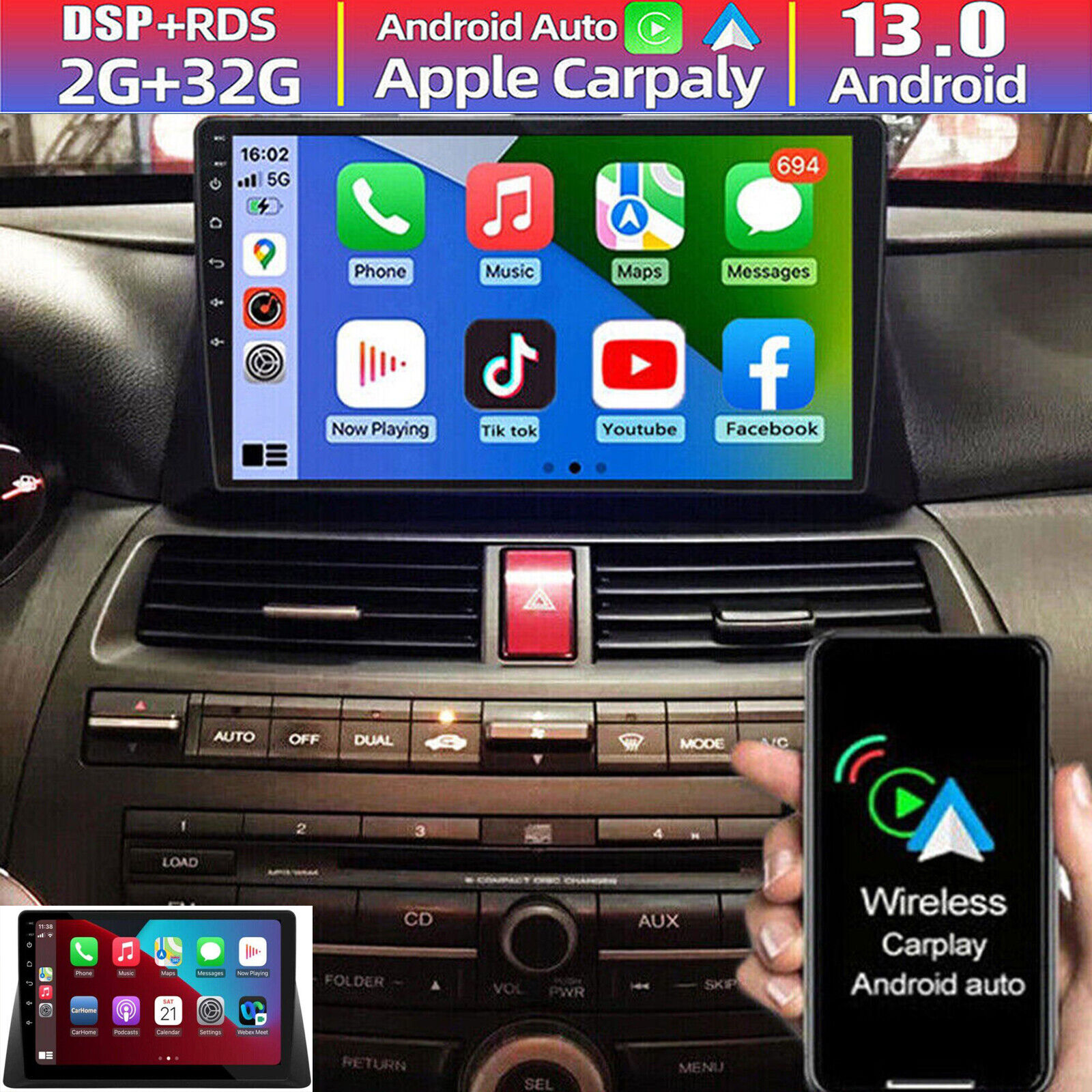 10.1\'\' Car Stereo Radio For 2008-2013 Honda Accord 8 Android 13 Apple Carplay FM
