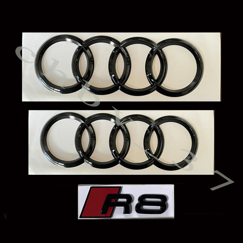 Audi R8 Gloss Black Front Rear Rings Emblem R8 Badge Set OE 3pc 2008-2015