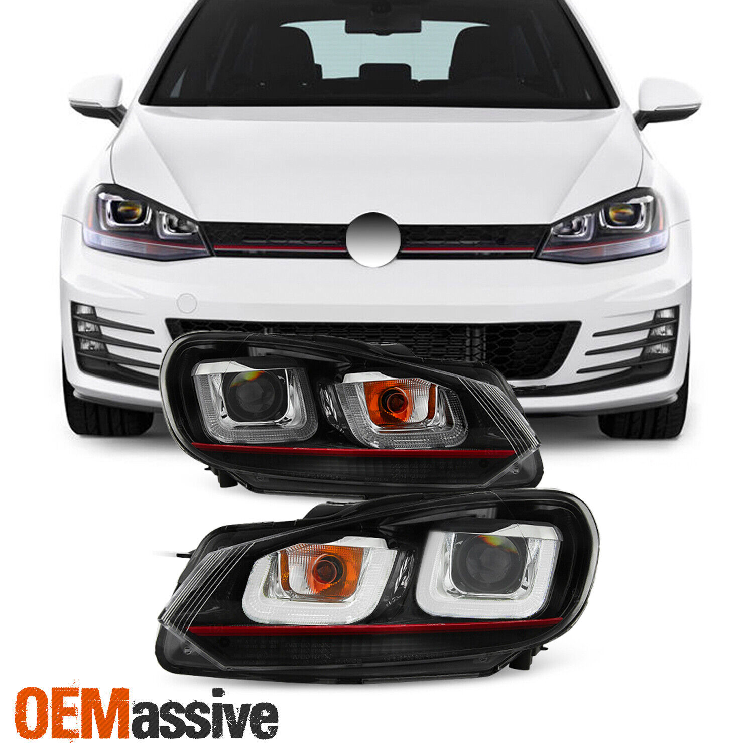 Fits [Red Stripe Edition] 10-14 VW Golf GTI Black LED Tube Projector Headlights