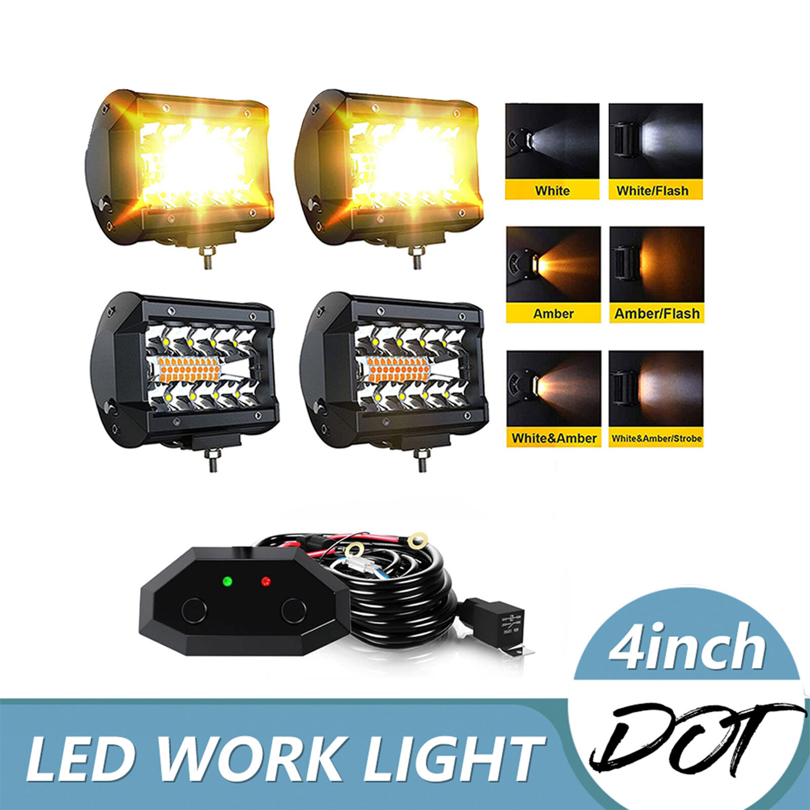 4x 4inch Amber LED Work Light Bar Strobe Light Reverse Fog Lights For SUV ATV