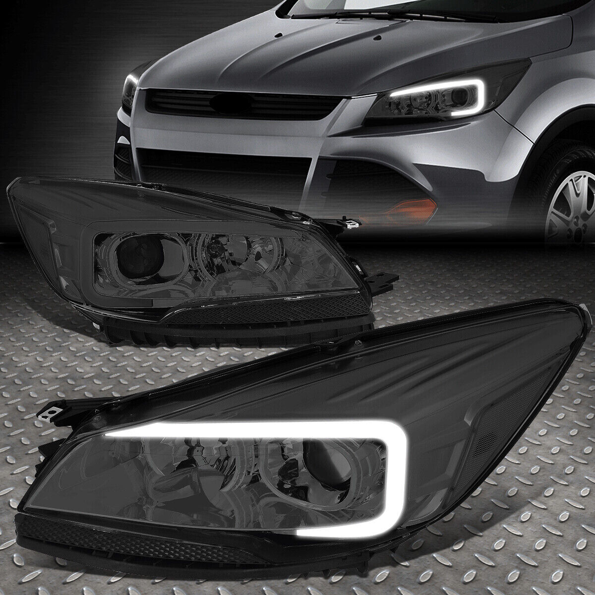 [LED DRL] FOR 13-16 FORD ESCAPE SMOKED LENS CLEAR CORNER PROJECTOR HEADLIGHTS