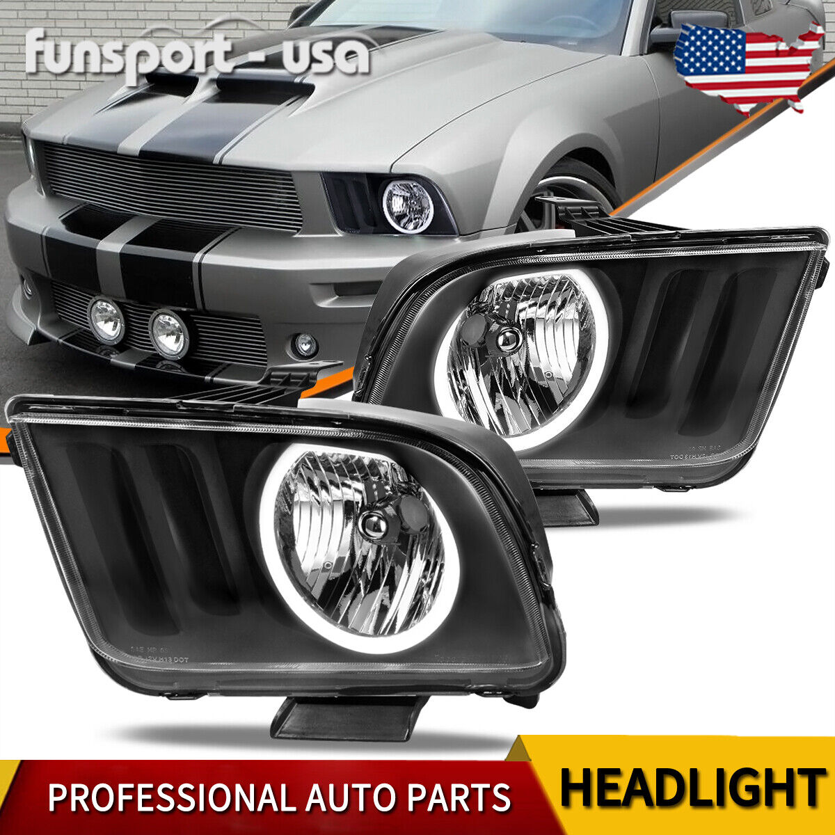 LED DRL Halo Headlights Assembly For 2005-2009 Ford Mustang Black Headlamps