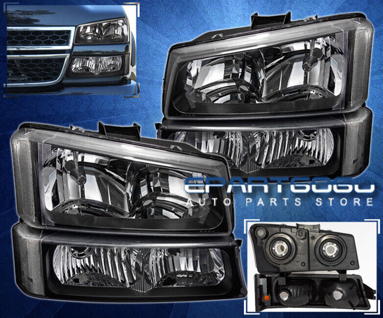 Black Headlights+Clear Reflector Signal Bumper Lamps 4PC Set For 03-06 Silverado
