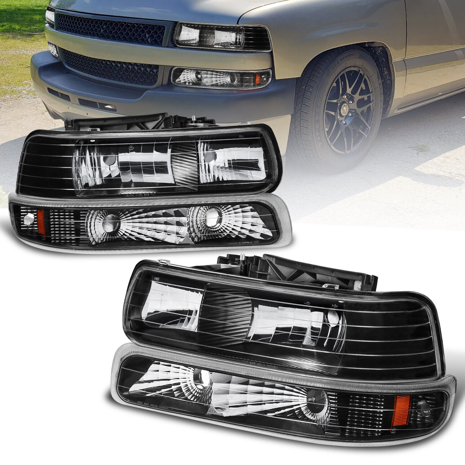 Pair Black Headlights+Bumper Lights For Chevy Silverado Suburban 1500 2500 Tahoe
