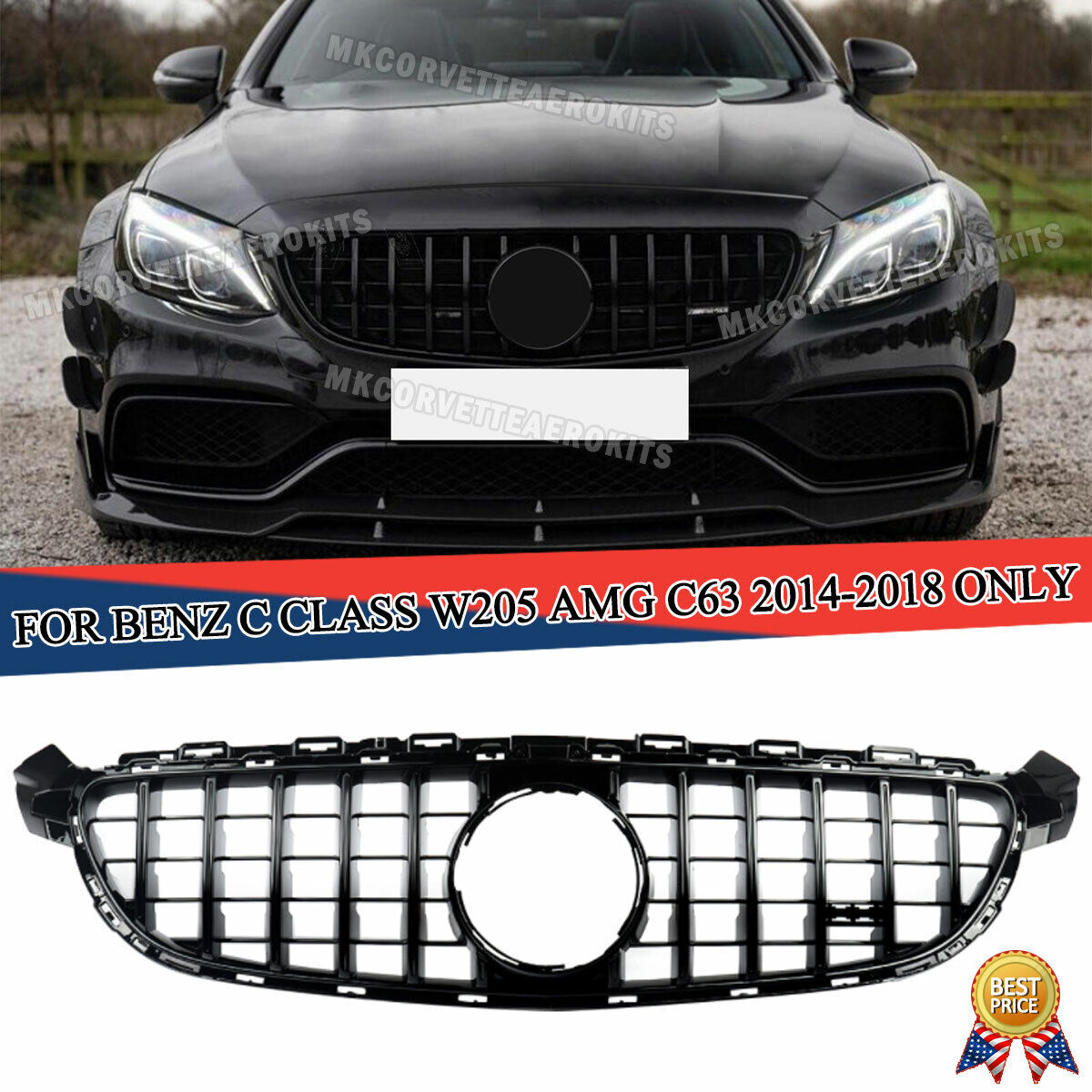 GT R Style FRONT GRILLE ALL BLACK FOR 15-18 MERCEDES W205 C63 C63S AMG GRILLS