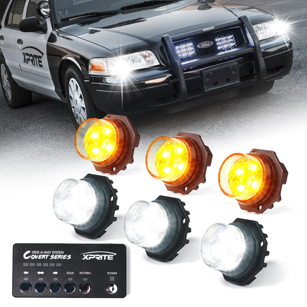 Xprite 6x White/Amber LED Strobe Lights Kit Hideaway Car Truck Emergency Warning