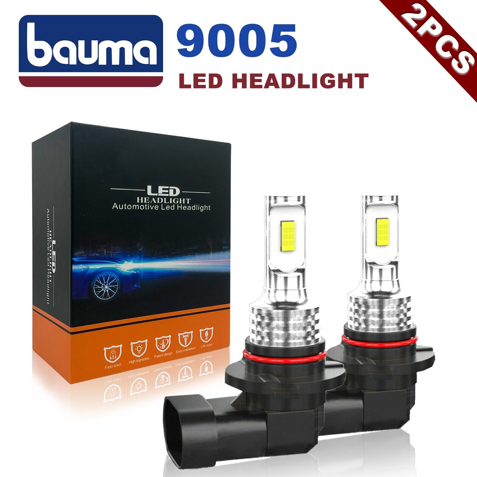 2pcs 9005 LED Headlights Kit Combo Bulbs 6000K High Low Beam Super White Bright