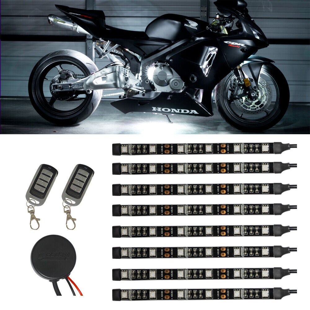 LEDGLOW 8pc WHITE SMD LED FLEXIBLE MOTORCYCLE UNDER GLOW ACCENT BODY KIT