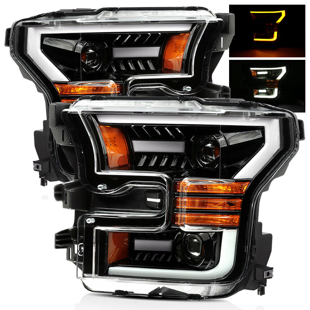 For 15-17 Ford F150 Switchback LED Tube Polished Black Dual Projector Headlights