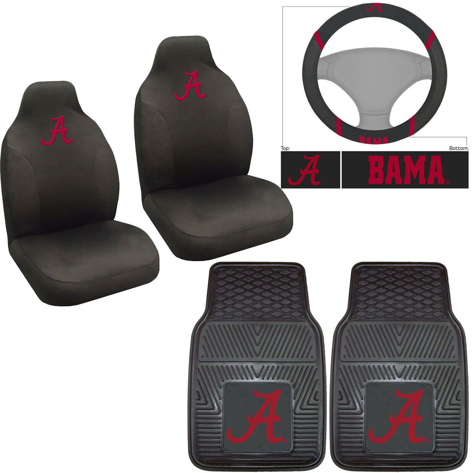 5PC NCAA Alabama Crimson Tide Front Seat Covers Floor Mats Steering Wheel Cover