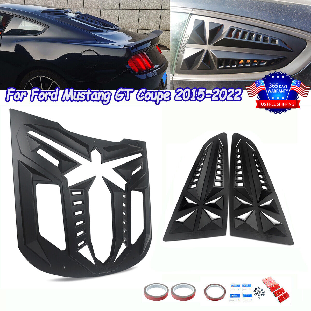 3PCS Rear+Door Side 1/4 Window Scoop Louver For Ford Mustang GT Coupe 2015-2023