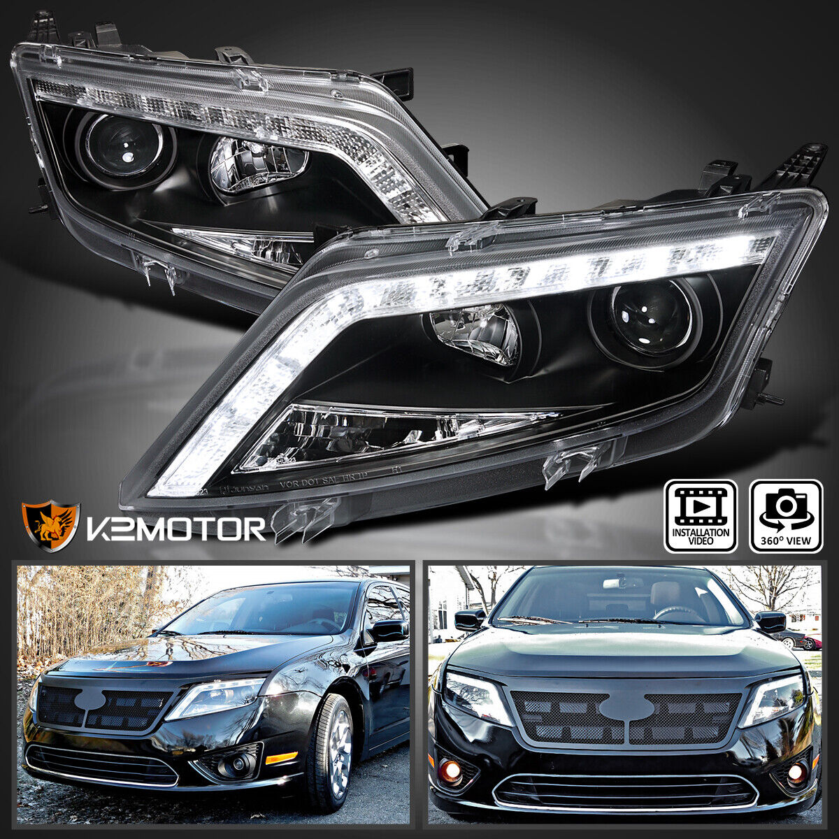 Black Fits 2010-2012 Ford Fusion LED Strip Projector Headlights Lamps Left+Right