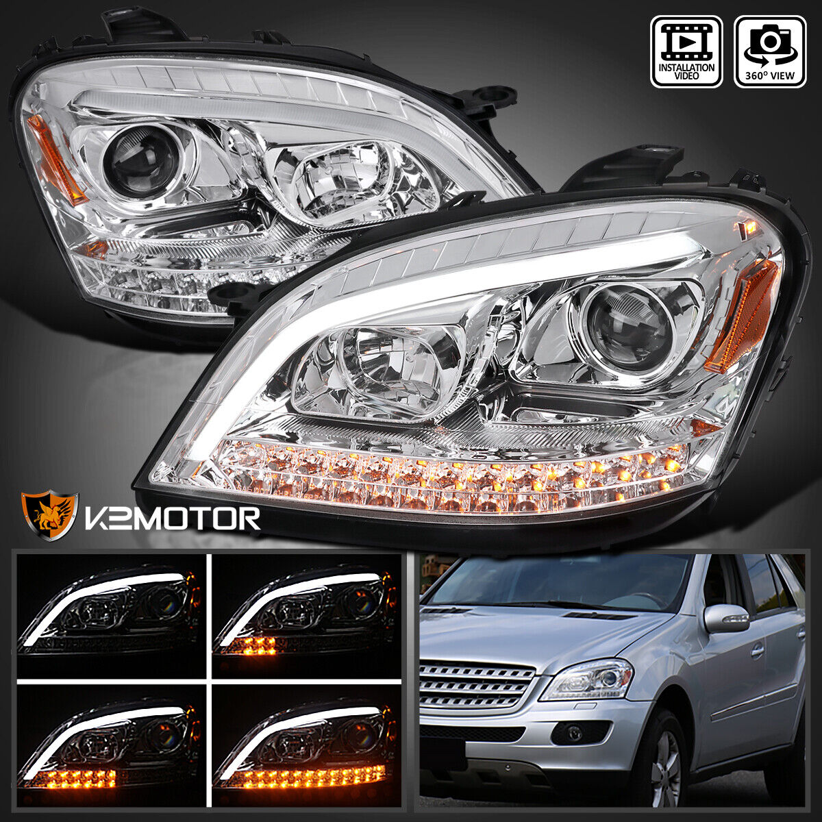 Fits 2006-2008 Mercedes W164 ML320 ML350 ML500 LED Strip Projector Headlights
