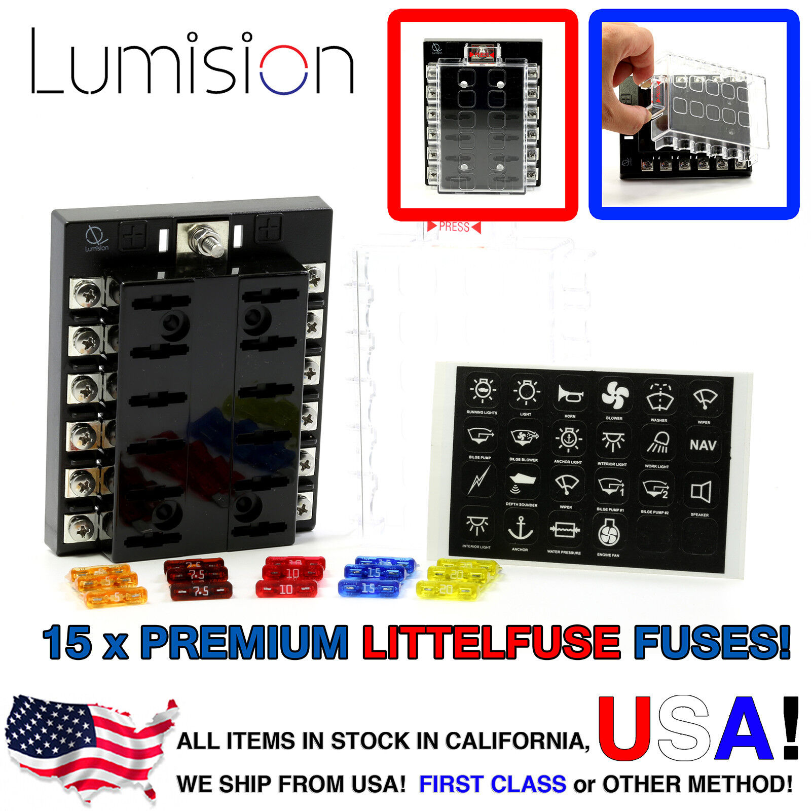 Lumision 12 Way Screw type Terminal Fuse Block w/ Label Premium Littelfuse Fuses