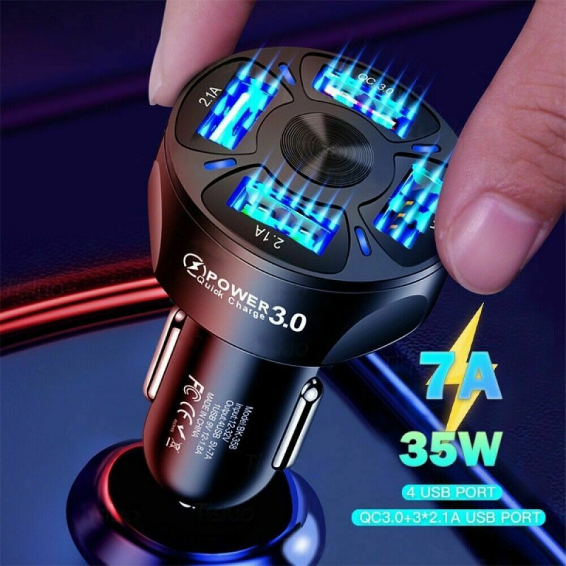 4 Port USB Phone Car Charger Adapter QC 3.0 Fast Charging Accessory LED Display