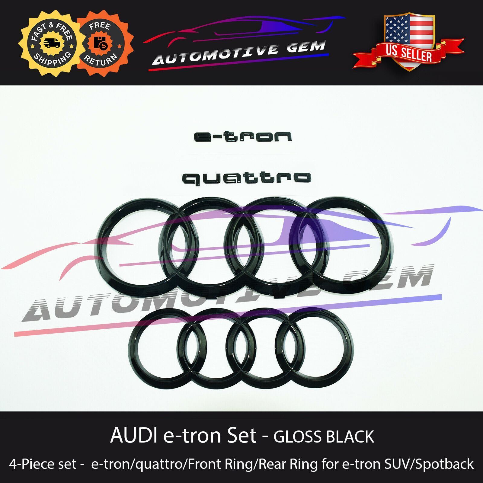 AUDI etron Emblem GLOSSY BLACK Grille & Trunk Ring quattro Logo Badge Kit e-tron