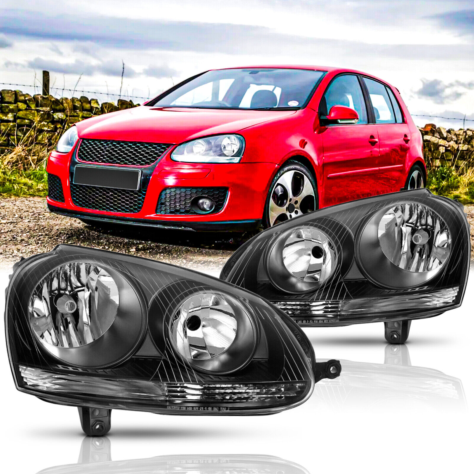 For Volkswagen 2006-2009 GTI/Rabbit & 2005-2010 Jetta Headlights Black RH+LH