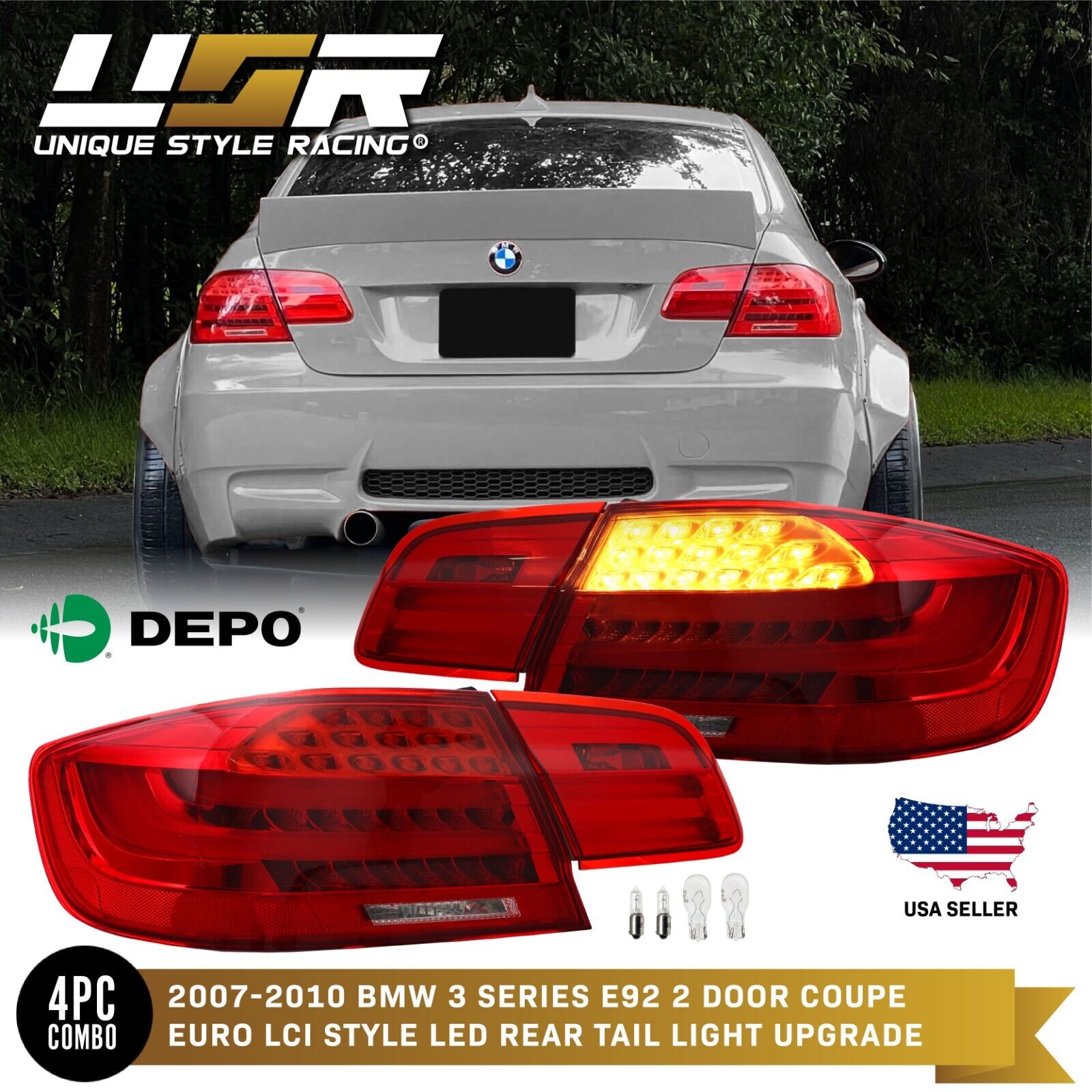 DEPO LCI M3 Amber LED Signal Rear 4PCS Tail Light For 2007-2010 BMW E92 2D Coupe