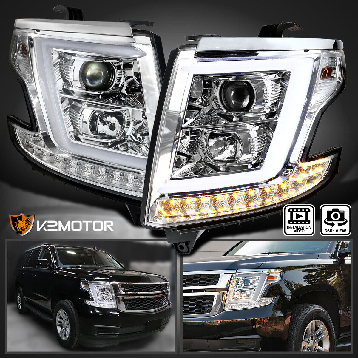 Clear Fits 2015-2020 Chevy Tahoe Suburban Projector Headlights Lamps LED Bar
