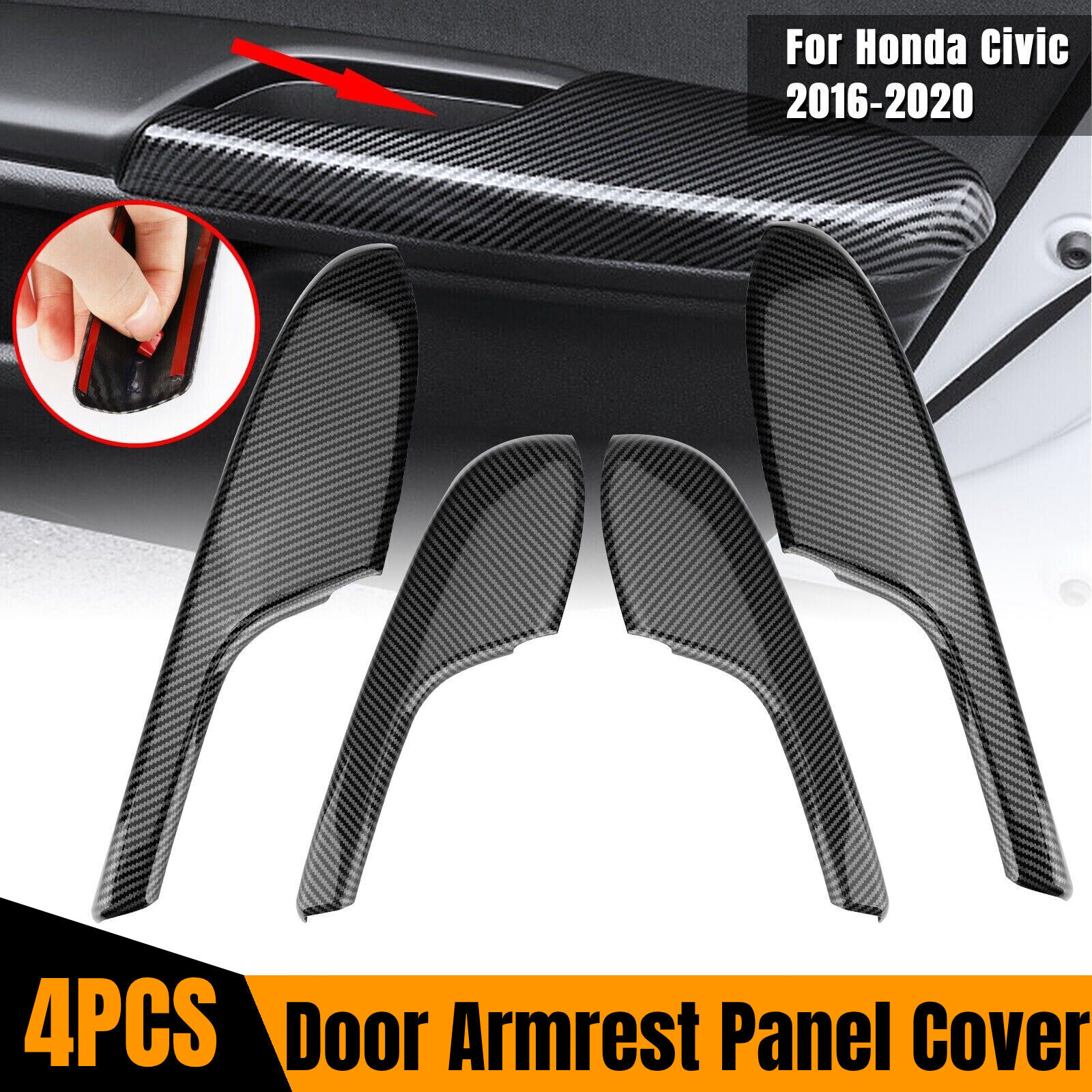 4x Carbon Fiber Interior Door Armrest Panel Trim Cover For Honda Civic 2016-2020