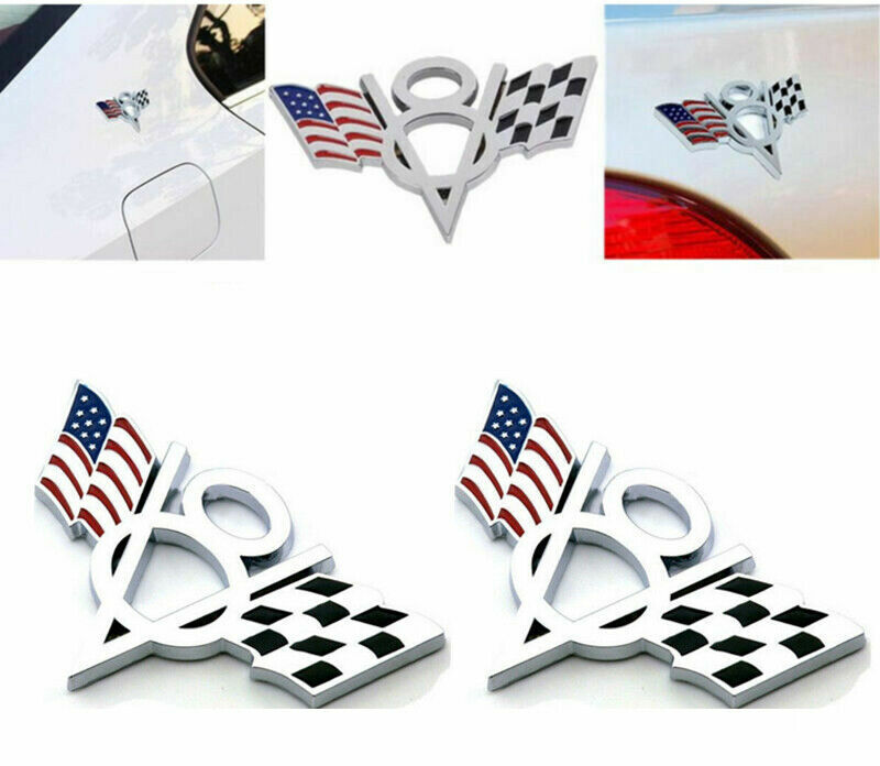 NEW 2x V8 US USA Flag Car Auto Chrome Trunk Metal Emblem Badge Decal Sticker