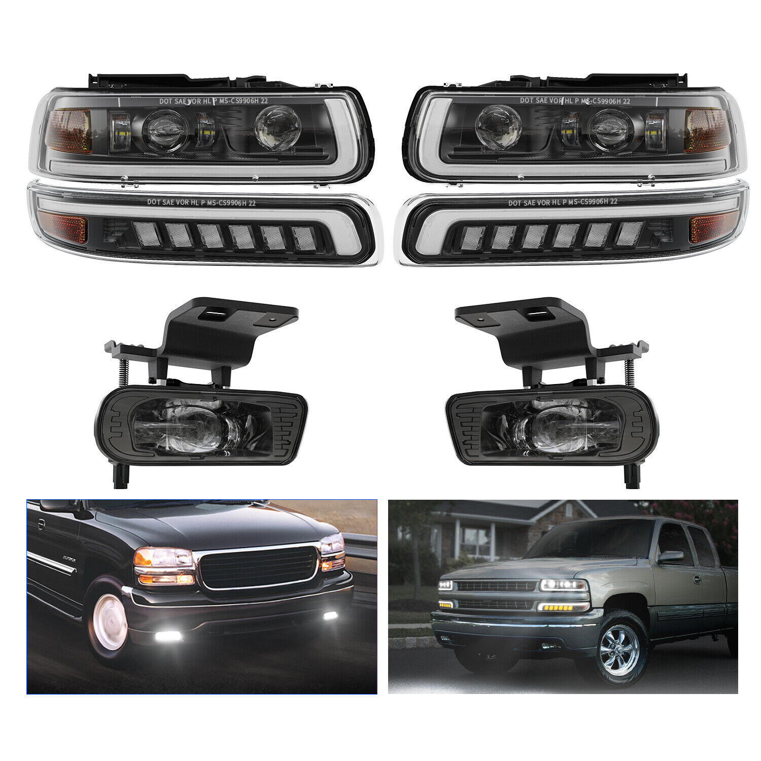 Fit For 99-02 Chevy Silverado 00-06 Tahoe DRL LED Headlights Lamps + Fog Lights