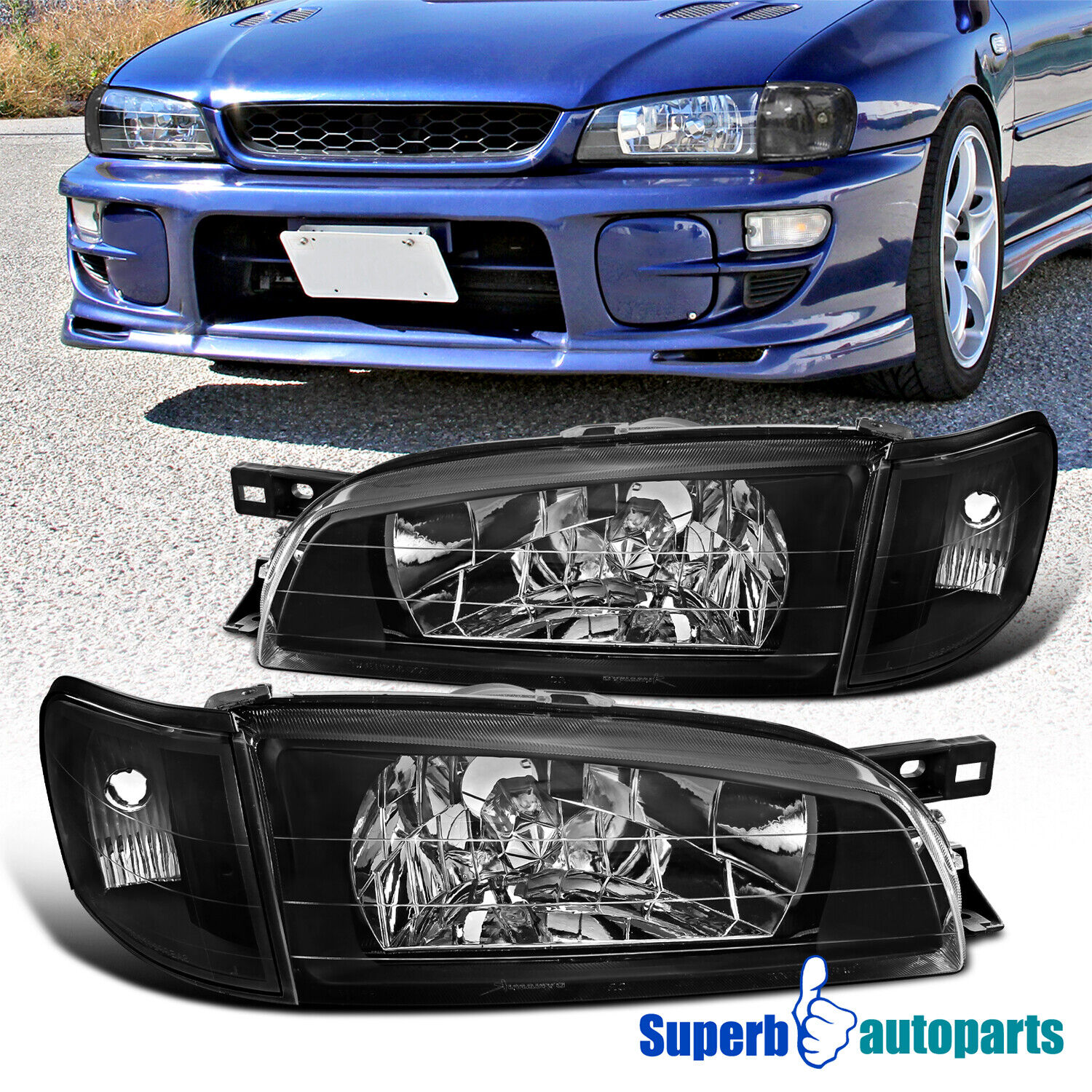 Fits 1995-2001 Subaru Impreza Black Headlights+Corner Turn Signal Lamps