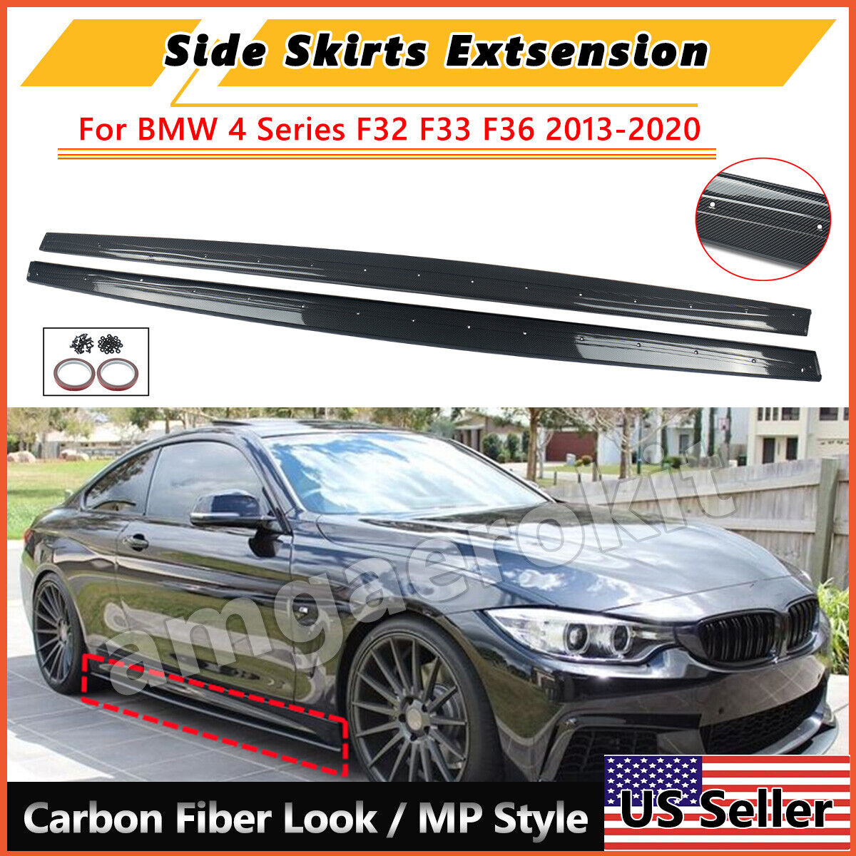 Carbon Style Side Skirts For 14-20 BMW F32 F33 F36 430i M4 M Sport Extension Lip