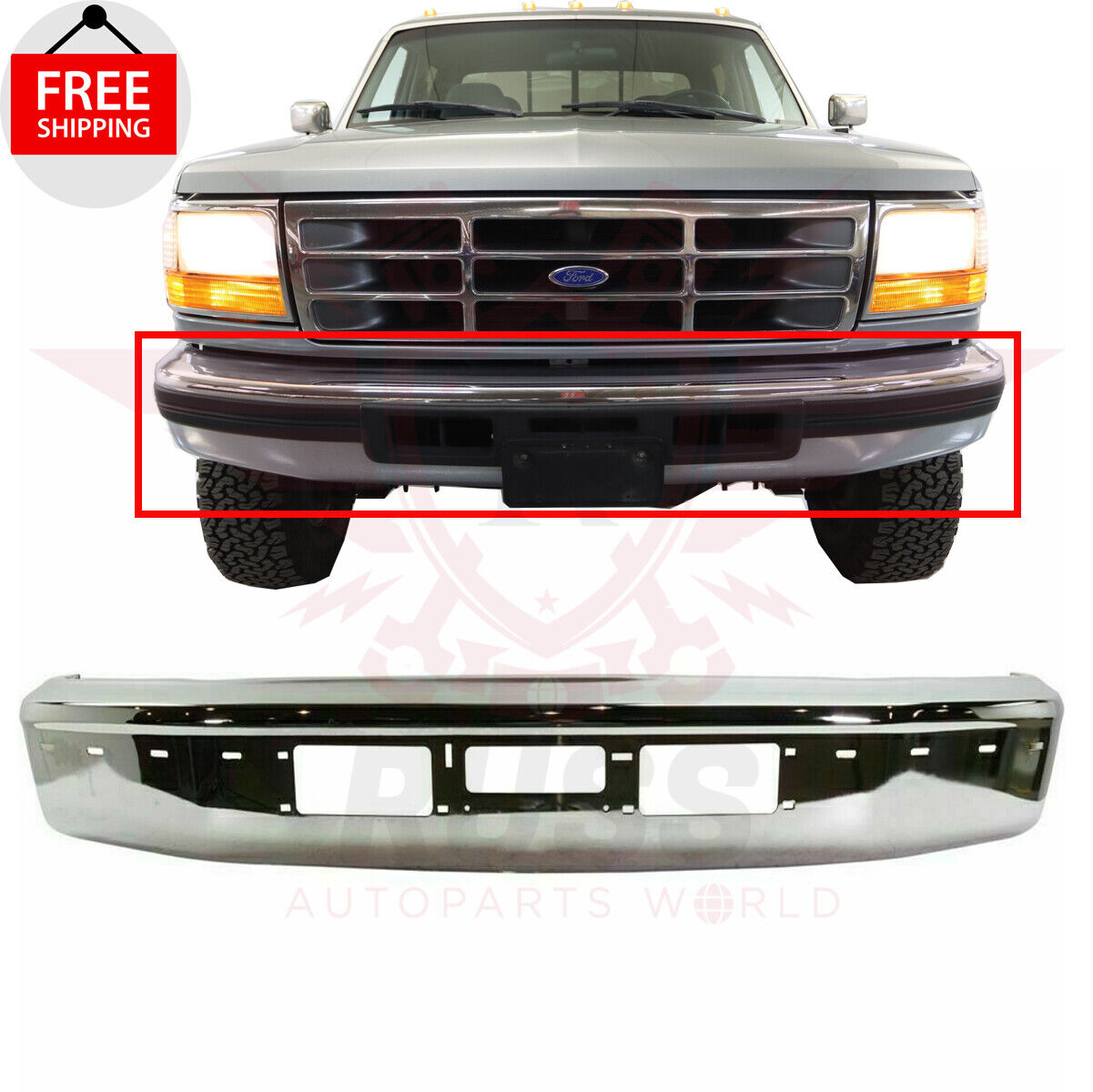 For 1992-1997 Ford F150 F250 F350 Pickup Front Bumper Face Bar Chrome FO1002254