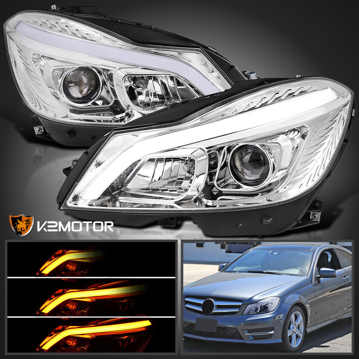 Fits 2012-2014 Mercedes-Benz W204 C250 C300 Projector Headlights LED Switchback
