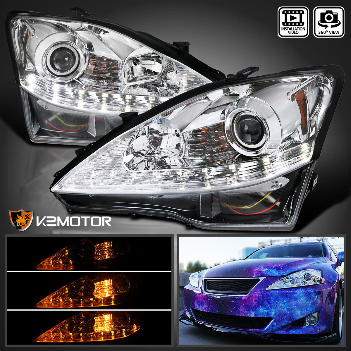 Fits 2006-2010 Lexus IS250 IS350 Sequential LED Signal Projector Headlights