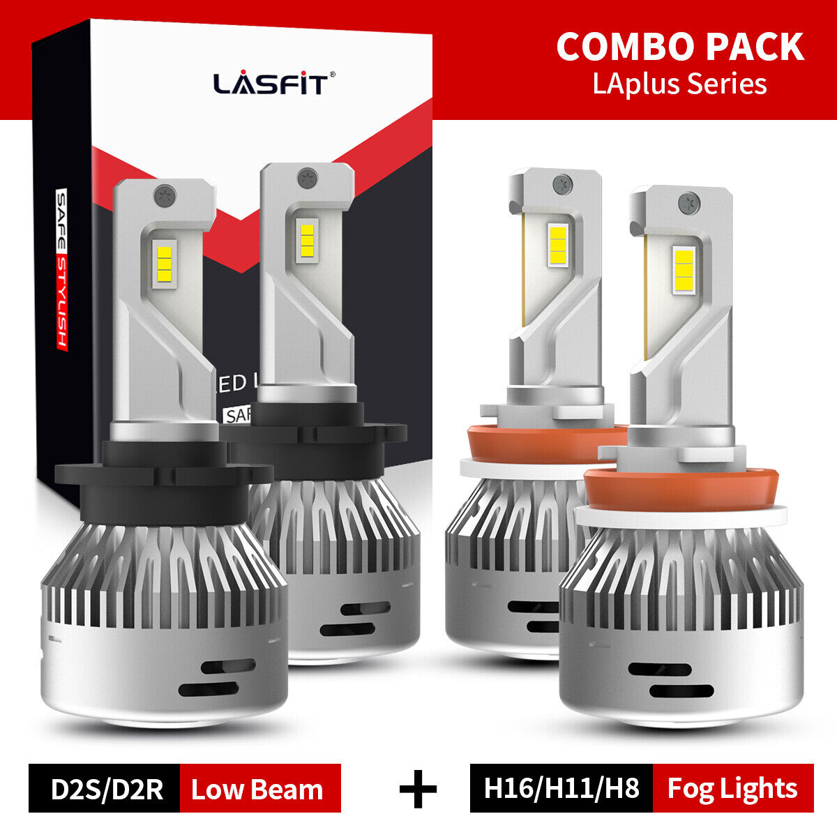 Lasfit D2S D2R LED Low Beam Headlight Bulbs + H11 Fog Light Combo 120W 12000LM