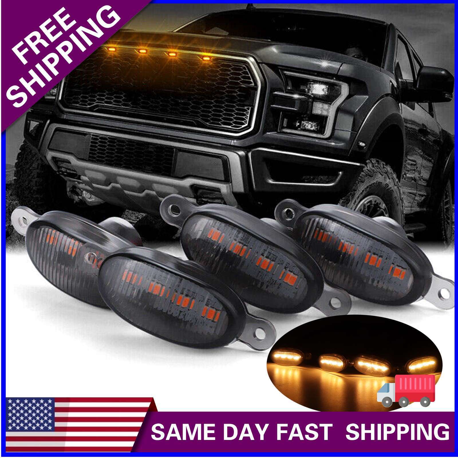 4X Amber LED Front Grille Grill Running Lights Smoked For Ford F150 Raptor Style