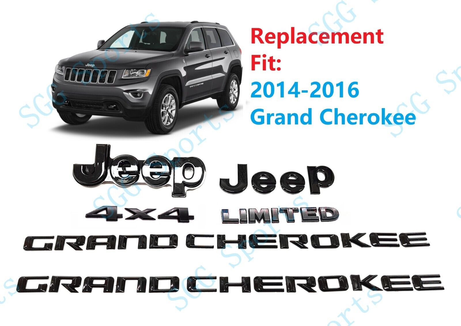 6pc Jeep Grand Cherokee 4x4 Limited Front Rear Door Gloss Black Emblem 2014-2016
