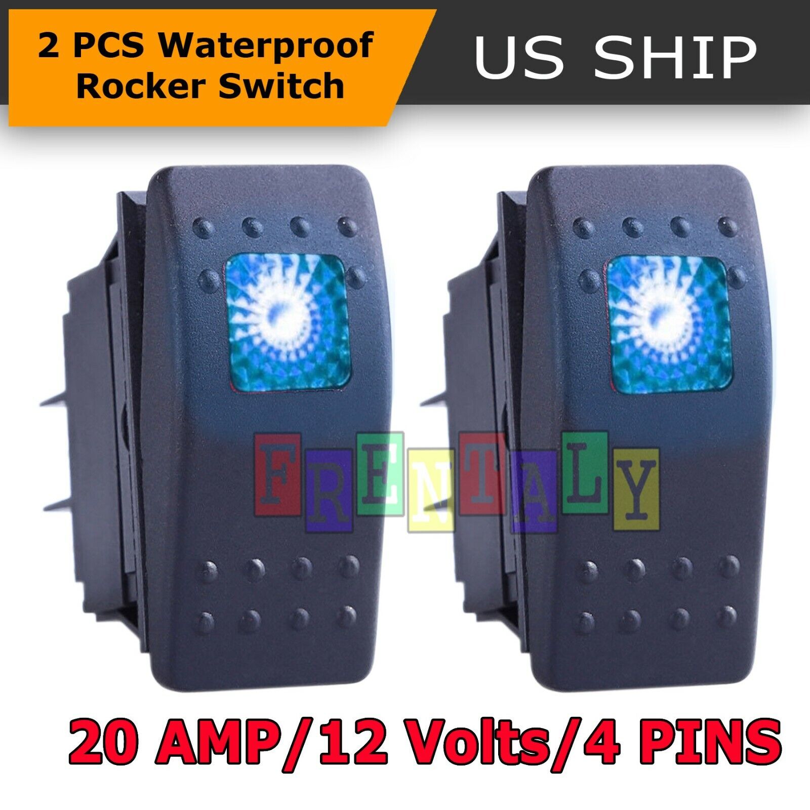 2x Blue S2 4Pin Waterproof 12V 20A Bar Rocker Toggle Switch LED Light Car Boat