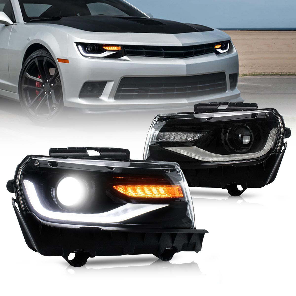Pair LED Projector Headlights For 2014 2015 Chevrolet Chevy Camaro w/Sequential