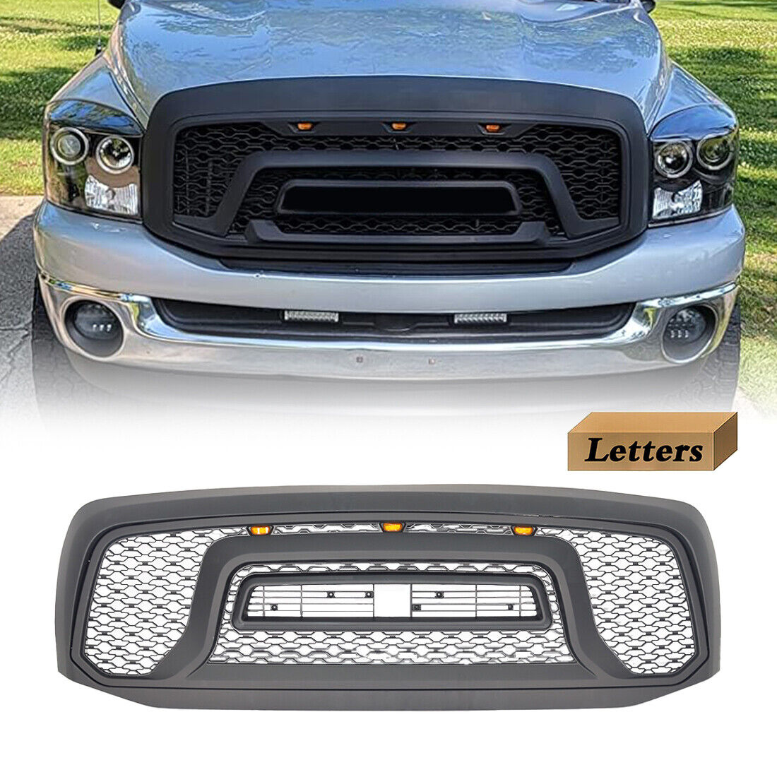 For 06-08 Dodge RAM 1500 06-09 2500 3500 Front Mesh Grille w/Letters & Lights