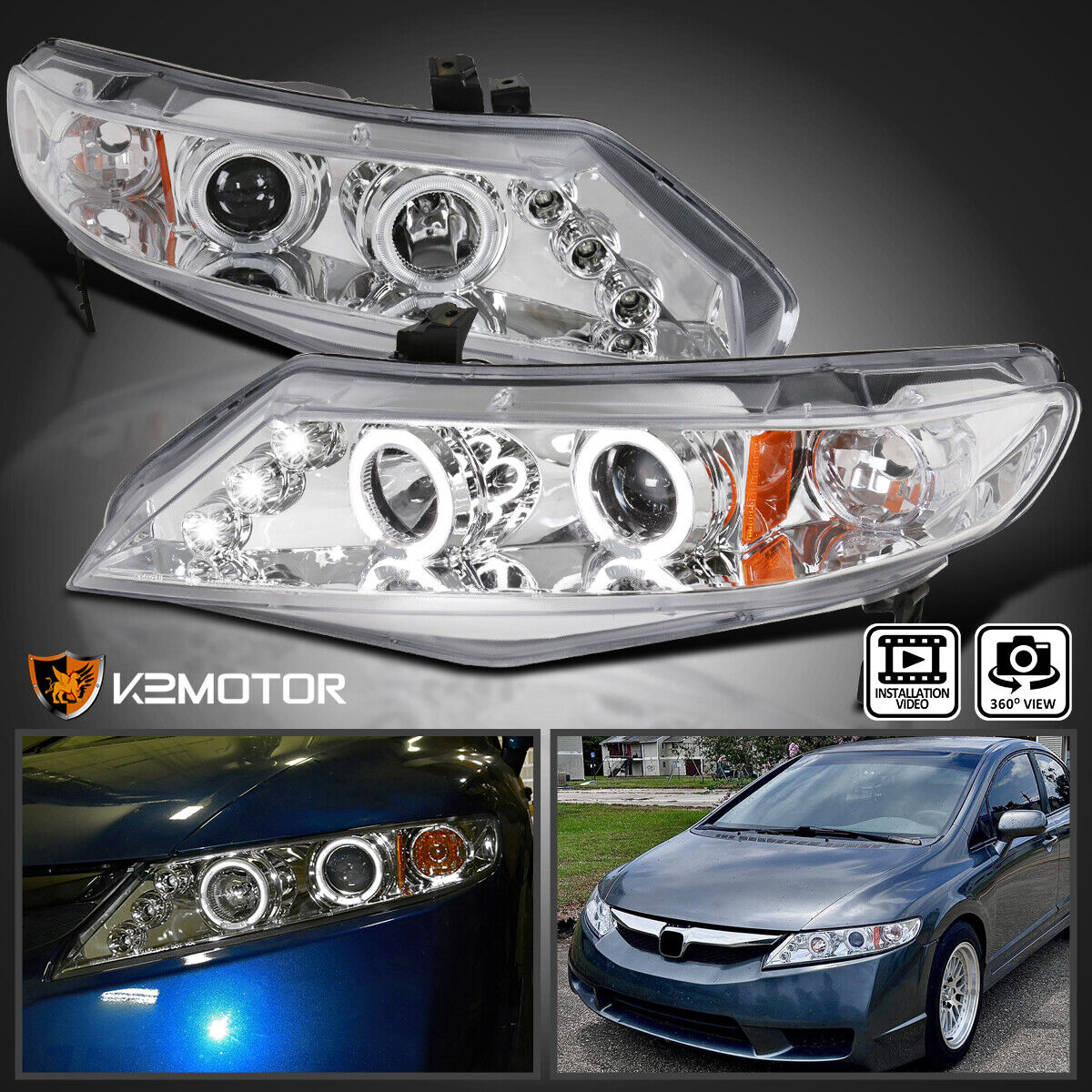 Clear Fits 2006-2011 Honda Civic 4Dr Sedan LED Halo Projector Headlights Lamps