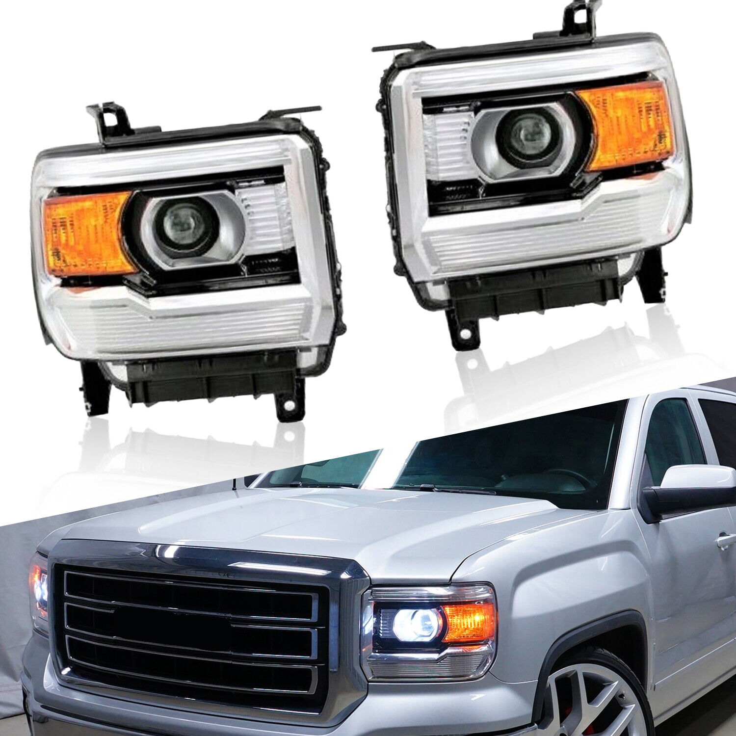 For 14-18 GMC Sierra 1500 15-19 2500HD Black Clear Projector Headlights Lamps ED