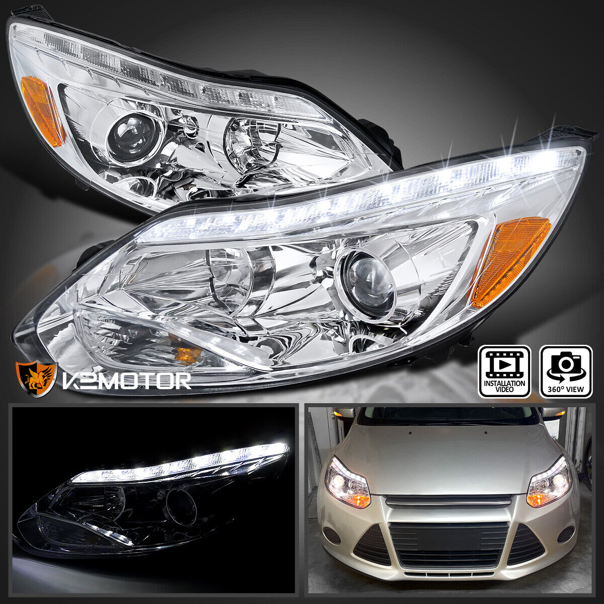 Clear Fits 2012-2014 Ford Focus LED Strip Projector Headlights Lamps Left+Right